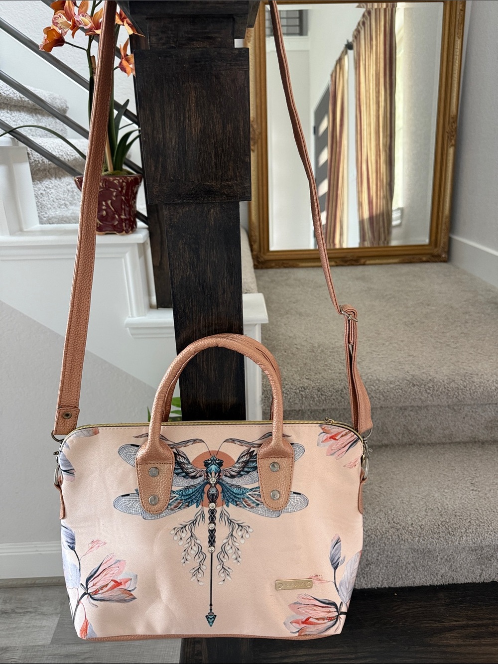 Pink Floral Dragonfly Crossbody Bag with Adjustable Strap